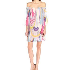 Trina Turk Rainbow Reflections Off-Shoulder Dress, Size 10-12